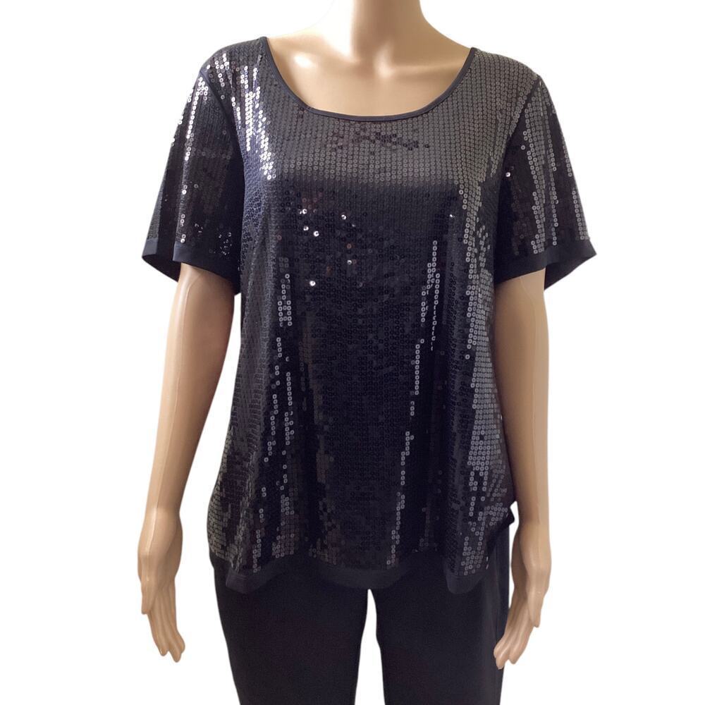 Joan Rivers black sequin top short-sleeved blouse Large